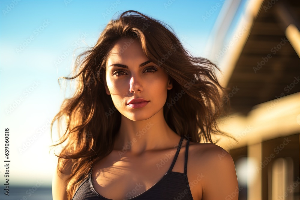brunette girl with developing hair on beach in summer brunette girl with developing hair on beach in summer