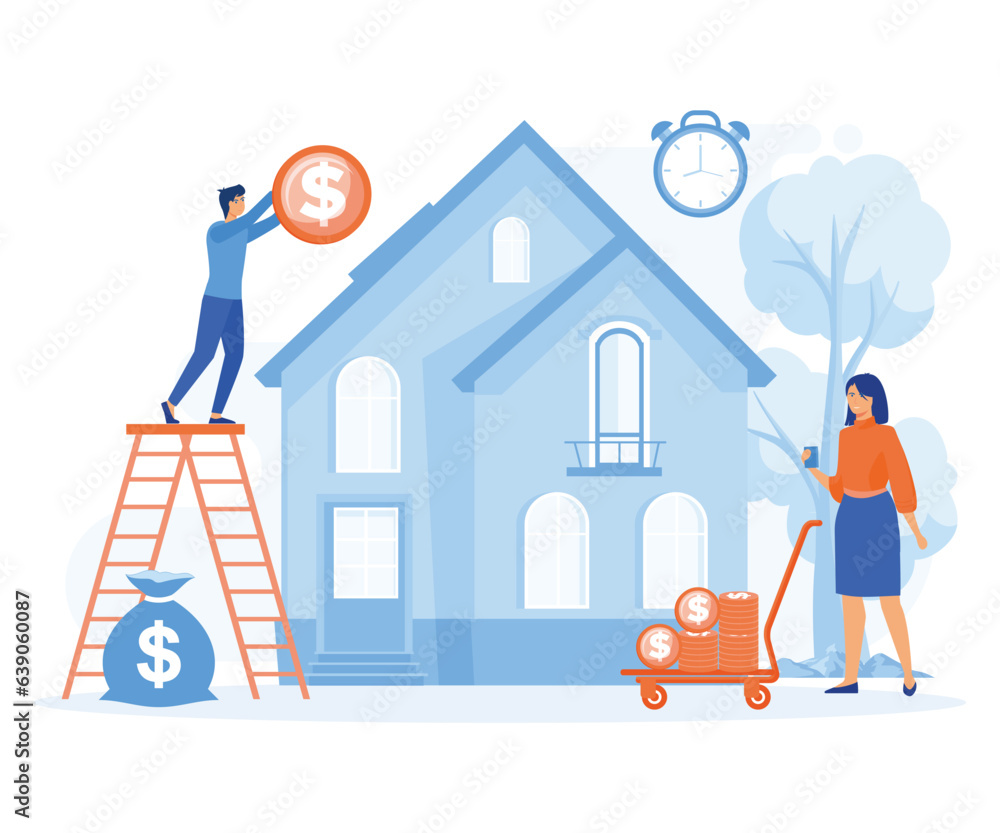 Bank loan and savings concept, young couple investing money in real estate. flat vector modern illustration Bank loan and savings concept, young couple investing money in real estate. flat vector modern illustration