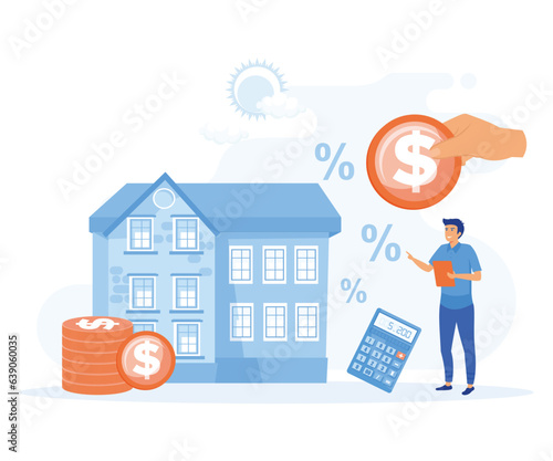 House mortgage concept. Man pays loan for real estate. Investing and financial literacy. flat vector modern illustration 