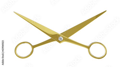 Opened golden hairdresser scissors isolated on transparent and white background. Barber concept. 3D render