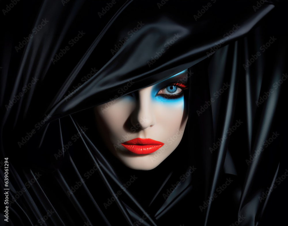 Beautiful white woman with black veil and bright and colorful make-up