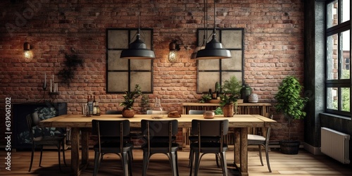Interior design of Dining Room in Industrial style with Exposed brick wall decorated with Metal  Wood
