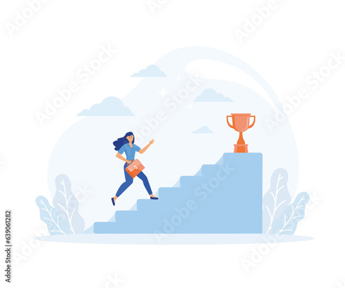 Businesswoman climbing ladder to golden trophy, Motivation for success. flat vector modern illustration 