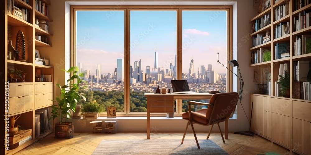 Interior design of Home Office in Scandinavian style with Large window with city view decorated
