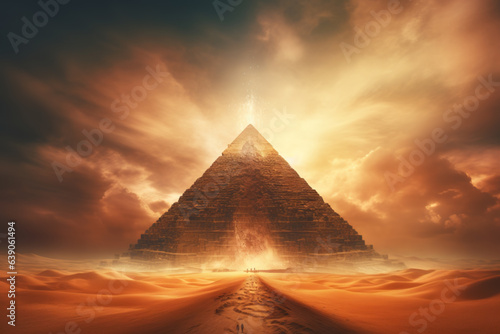A magical pyramid in a vast desert, sun is rising.