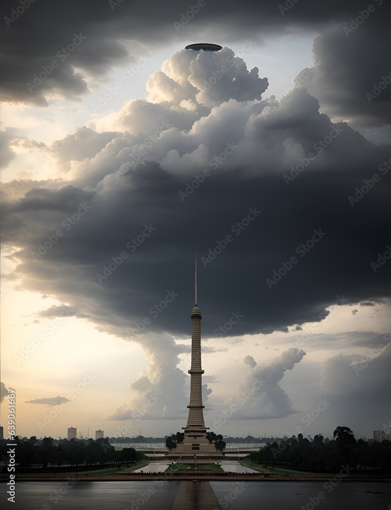 Photo of a towering structure against a dramatic cloudy sky