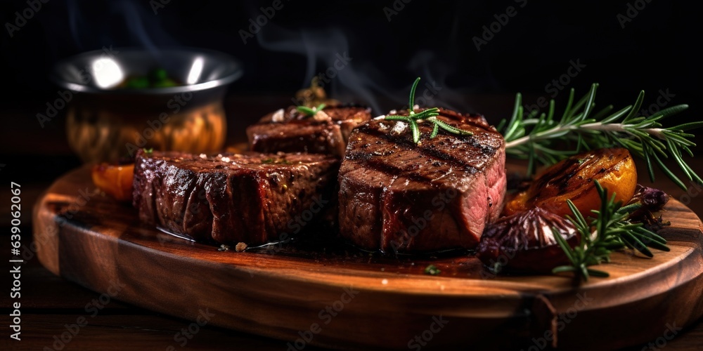 Juicy grilled steak on rustic wooden tray against dark background. Genera