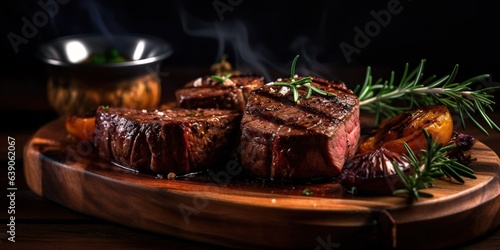 Juicy grilled steak on rustic wooden tray against dark background. Genera