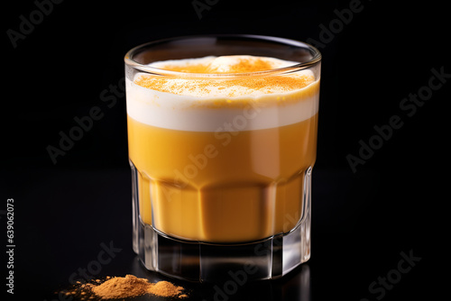 Curcuma latte, turmeric latte, golden milk. Hot healthy drink in a glass on black