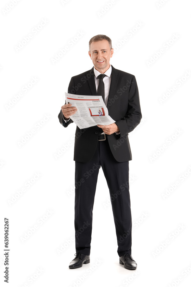 Mature businessman with newspaper on white background Mature businessman with newspaper on white background