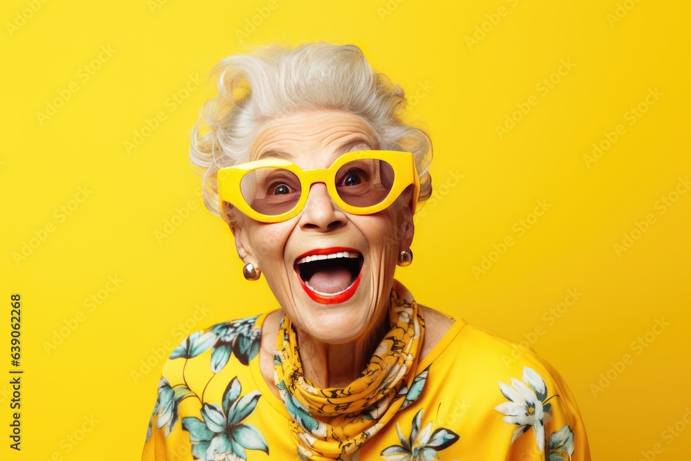 portrait of a cheerful smiling elderly grandmother in glasses on a yellow background