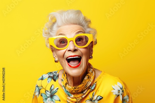 portrait of a cheerful smiling elderly grandmother in glasses on a yellow background