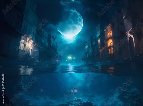 Photo of an ethereal underwater cityscape at night