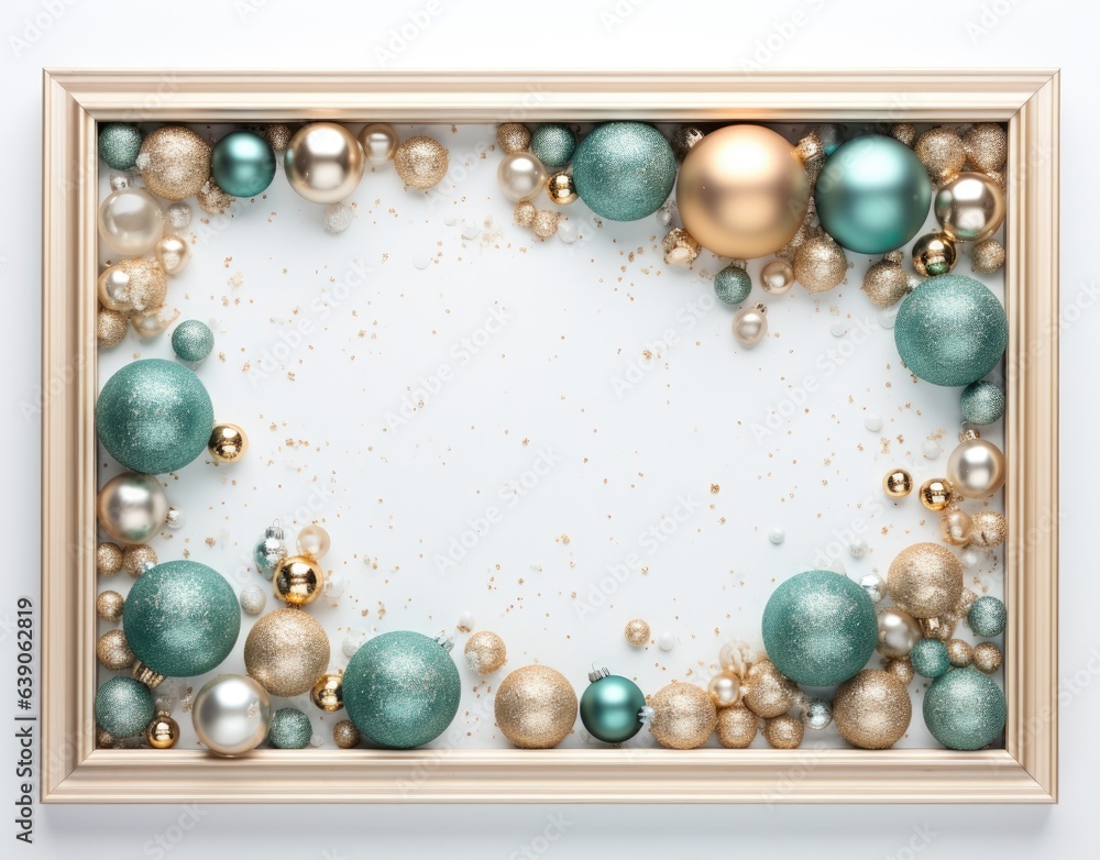 frame and free space on the background with Christmas balls and snowflakes in light turquoise and gold colors frame and free space on the background with Christmas balls and snowflakes in light turquoise and gold colors