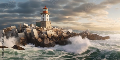 Lighthouse on rock formation amidst sea against sky during winter