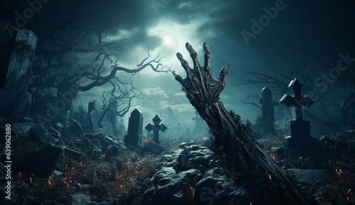 Foto Halloween ambiance: undead hand emerges from earth