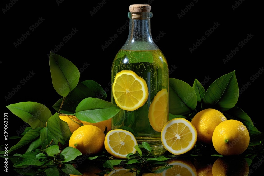 a glass transparent bottle standing on a table among lemons a glass transparent bottle standing on a table among lemons