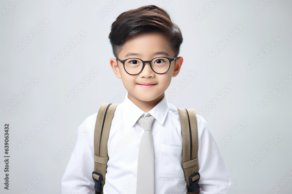 School pupil, Asian boy in glasses on background with copy space, back to school