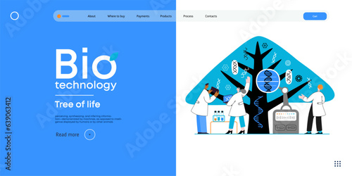 Bio Technology, Tree of life - modern flat vector concept illustration of scientists observing the tree, whose leaves represent various types of DNA. Metaphor of genetic research and diversity of life