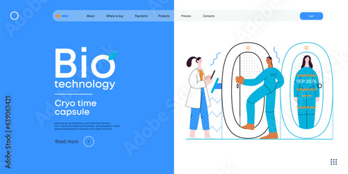 Bio Technology, Cryocapsule Time Freezer -modern flat vector concept illustration of futuristic cryocapsules resembling frozen time vaults. Metaphor of preserving life, time through cryonic technology