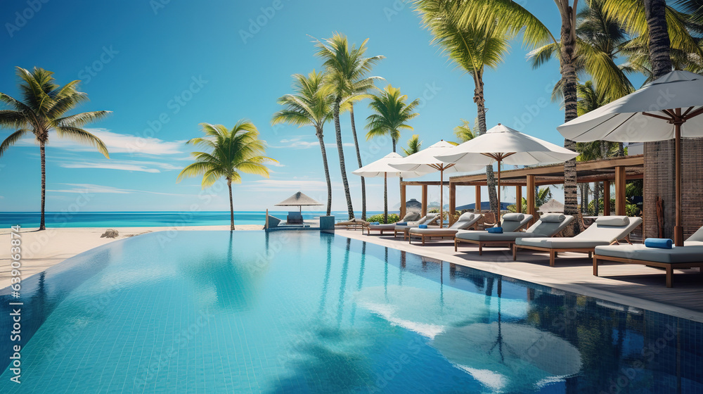Luxury resort with swimming pool and loungers umbrellas. Beach and sea with palm trees in background