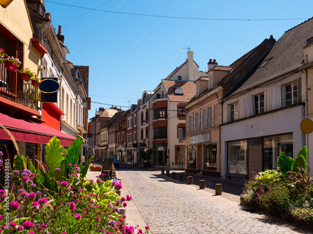 Fototapeta premium Peaceful streets of Sens, France. Buildings along walkway during daytime.