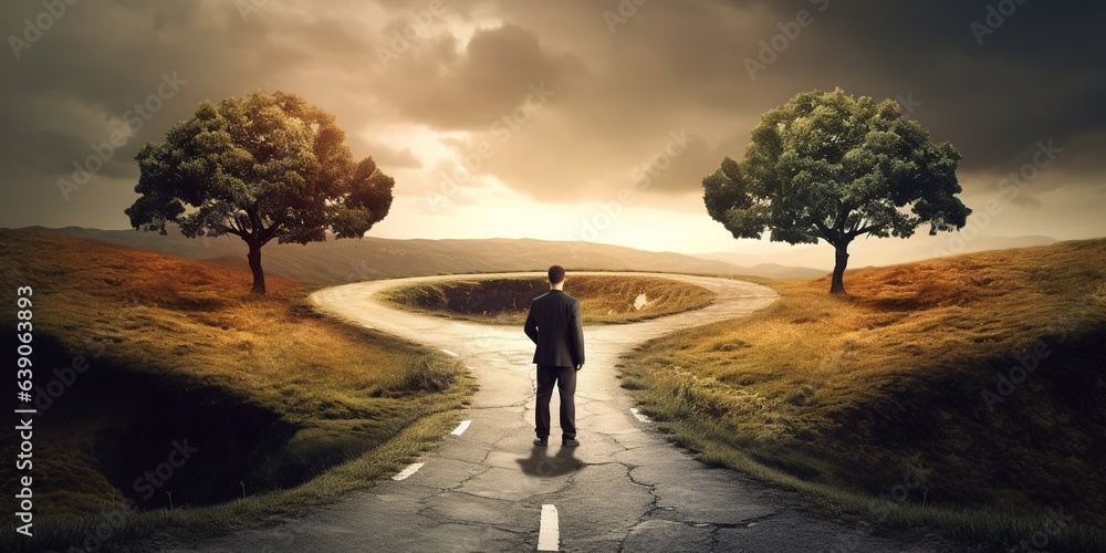 Man at two roads deciding for best chance of environment protectio Man at two roads deciding for best chance of environment protectio