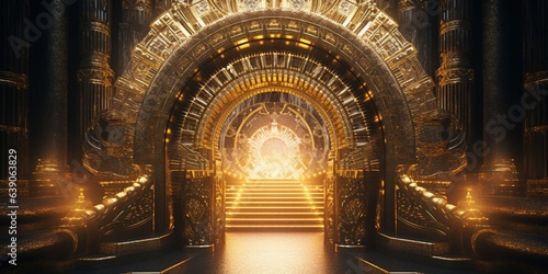 Majestic afterlife heaven gate decorated with ornate gold design. superlative generative AI image.