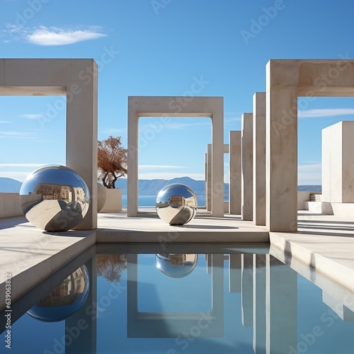 3d background with concrete structure, in the style of symbolic landscapes, repetitive, calm landscapes, jeppe hein, minimalist cityscapes photo