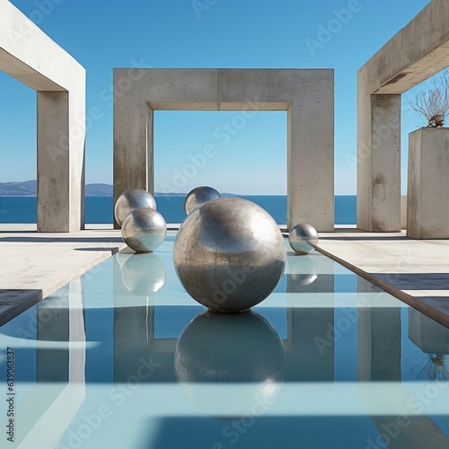 3d background with concrete structure, in the style of symbolic landscapes, repetitive, calm landscapes, jeppe hein, minimalist cityscapes photo