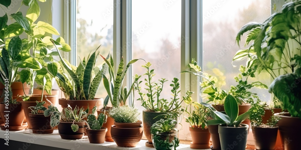 Many beautiful potted houseplants on windowsill indoors Many beautiful potted houseplants on windowsill indoors