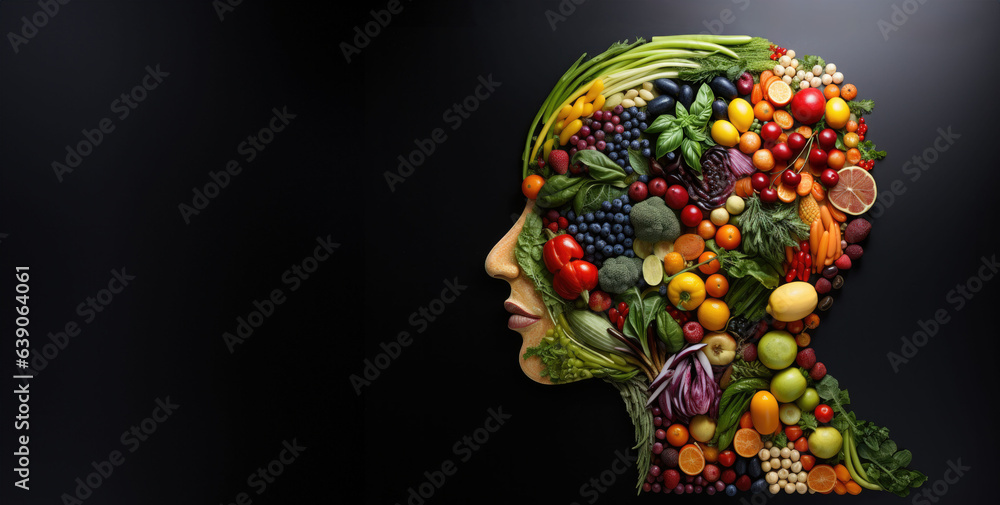 Healthy lifestyle choice concept. Fresh green vegetables and fruit shaped as human head face as symbol of good nutrition