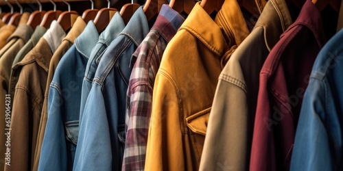Men's casual clothes in store, trendy jackets, shirts, cardigans on hangers