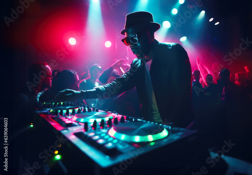 DJ mixing tracks on a booth in a nightclub with colorful lasers show. An amazing club atmosphere with a lof of people dancing to electronic music