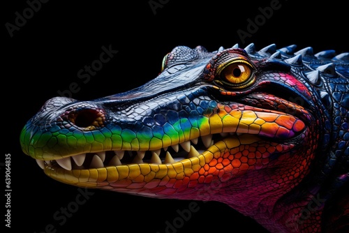 Futuristic neon crocodile. Different colors. Black background. ai generation © MM