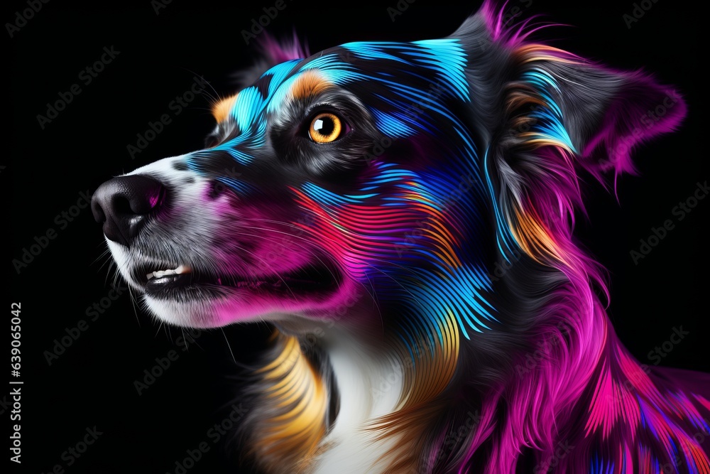 Futuristic neon dog. Different colors. Black background. ai generation