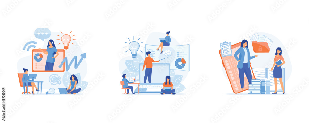 Online assistant, virtual help service. customer and operator, online technical support 24-7 for web page, personal assistant online service or platform, set flat vector modern illustration