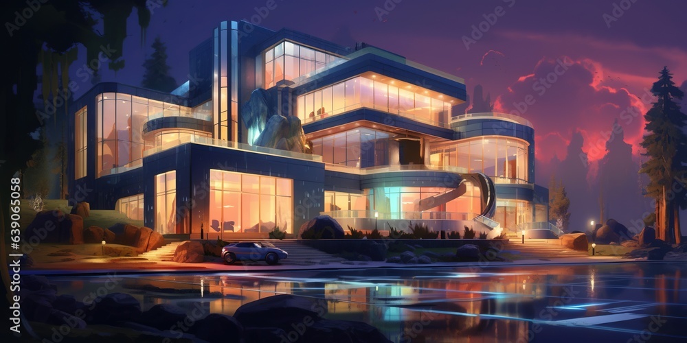 Modern mansion at night with bright lights illuminating the building created