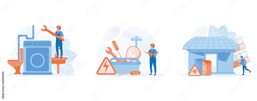 Home maintenance and improvement, Plumbing services, electrician, apartment painting, set flat vector modern illustration