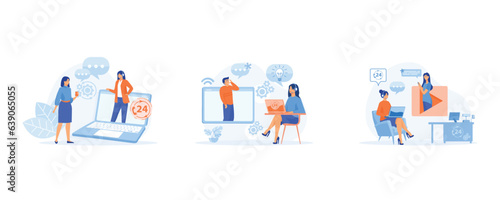 Customer support department staff. Online global technical support 24 hours, telephone hotline for business. set flat vector modern illustration