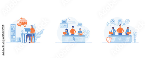  customer service, hotline operator advises customer, online global technical support 24-7. set flat vector modern illustration