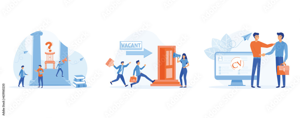 Recruiting and human resources concept, job applicants and office chair open vacancy, People running to open opportunities, employers are considering resumes, set flat vector modern illustration