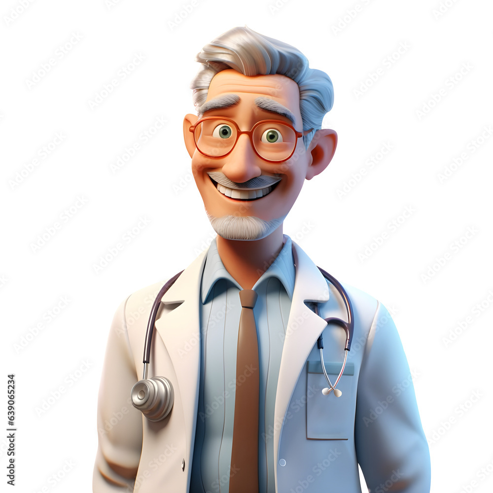 3d Experienced doctor smiling at camera, Old Doctor character wearing white coat with stethoscope, isolated on transparent background, generative ai