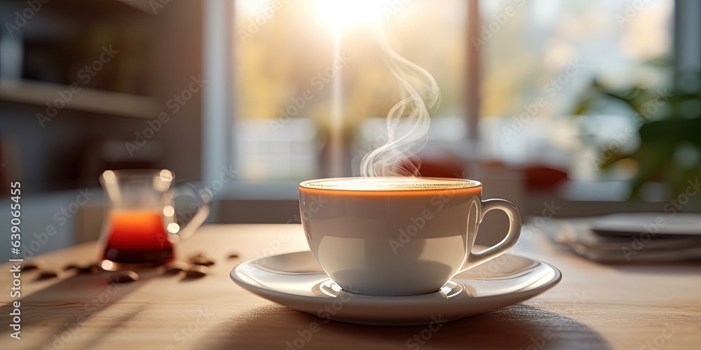 Morning Coffee in White Cup on Table at Home with Blurry Background, Lifestyle and Hot Drink. Morning Coffee in White Cup on Table at Home with Blurry Background, Lifestyle and Hot Drink.