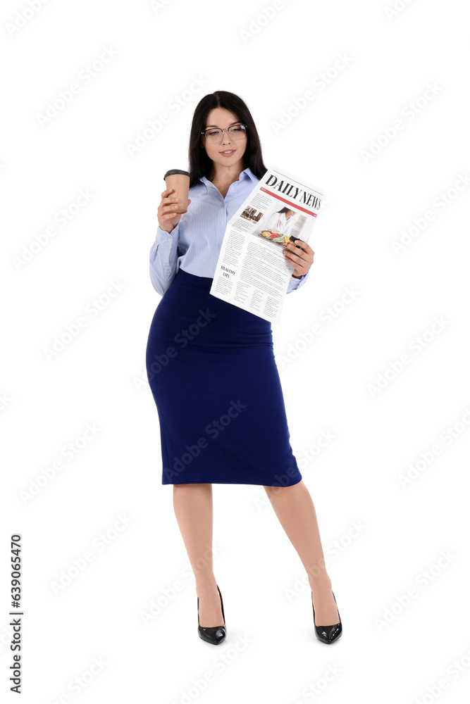 Pretty businesswoman with cup of coffee and newspaper on white background Pretty businesswoman with cup of coffee and newspaper on white background