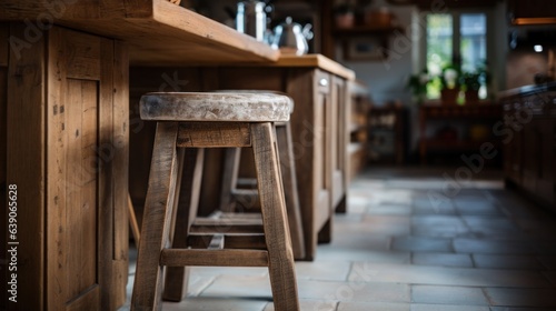 close up of rustic wooden kitchen stool.