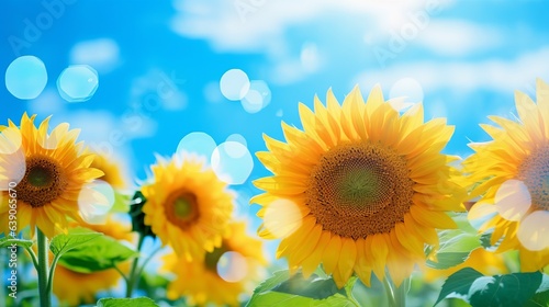 Close-up shot of a radiant sunflower in the field  against the blue sky. Yellow hue.. ai generation