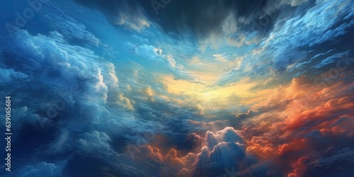Natural sun shines over clouds in deep blue stormy sky