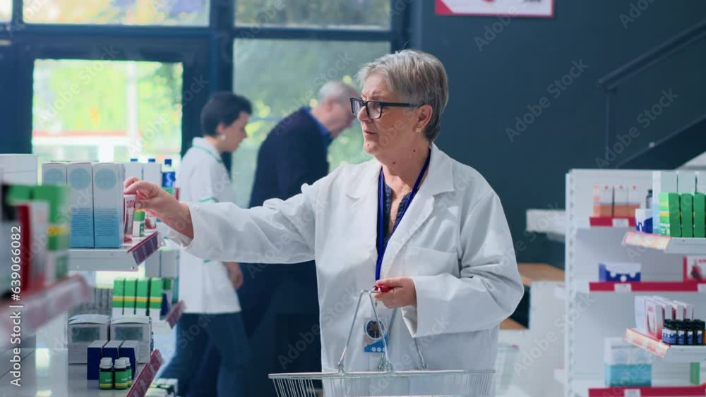 Aged knowledgeable druggist in pharmacy holding shopping basket, arranging merchandise on shelves. Octogenarian pharmacist organizing medicinal products in drugstore with clients in background Aged knowledgeable druggist in pharmacy holding shopping basket, arranging merchandise on shelves. Octogenarian pharmacist organizing medicinal products in drugstore with clients in background