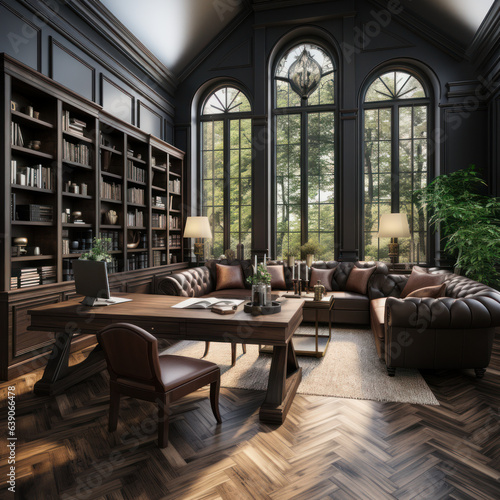  Classic brown wood study room interior 